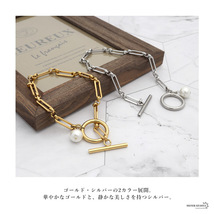 レディースブレスレット フィガロ パール ステンレス 18k マンテル シルバー ゴールド ハンドメイド (シルバー、18cm)_画像2