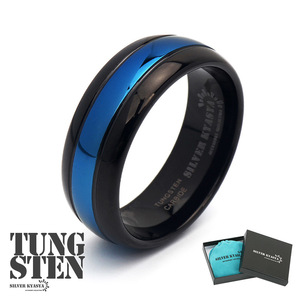 タングステン ブルー ライン リング 指輪 青 黒 ブラック シンプル メタリック スマート 専用BOX (19号)