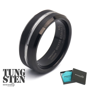 タングステン ライン リング ブラック 指輪 シルバー 銀 黒 メタリック シンプル スマート バイカラー 専用BOX (12号)