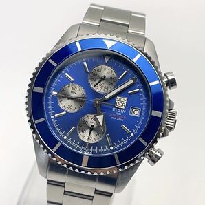 T498 美品 エルジン ELGIN 腕時計 ブルー文字盤 クロノグラフ FK-1418N-FL