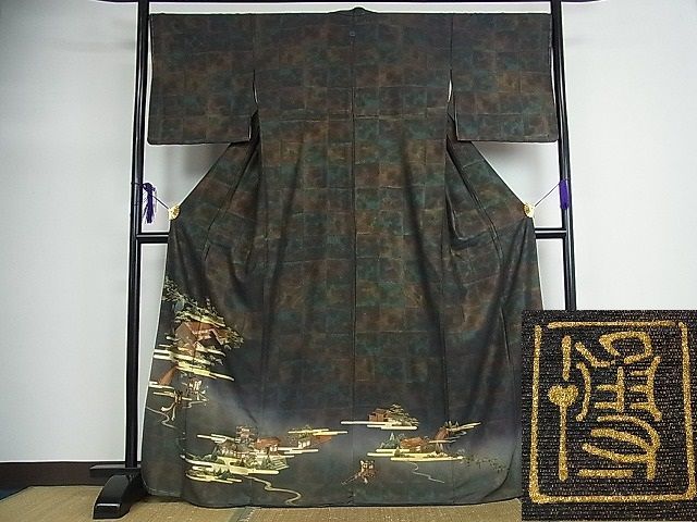 漆工芸作家 金森一博 色留訪問着 文箱花文 鶴 暈し染め 金彩 mop1347