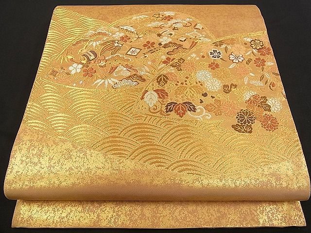 国産原料100% 301y9◇古典柄 袋帯 正絹 宝尽くし梅竹花菱蝶々蜀江文
