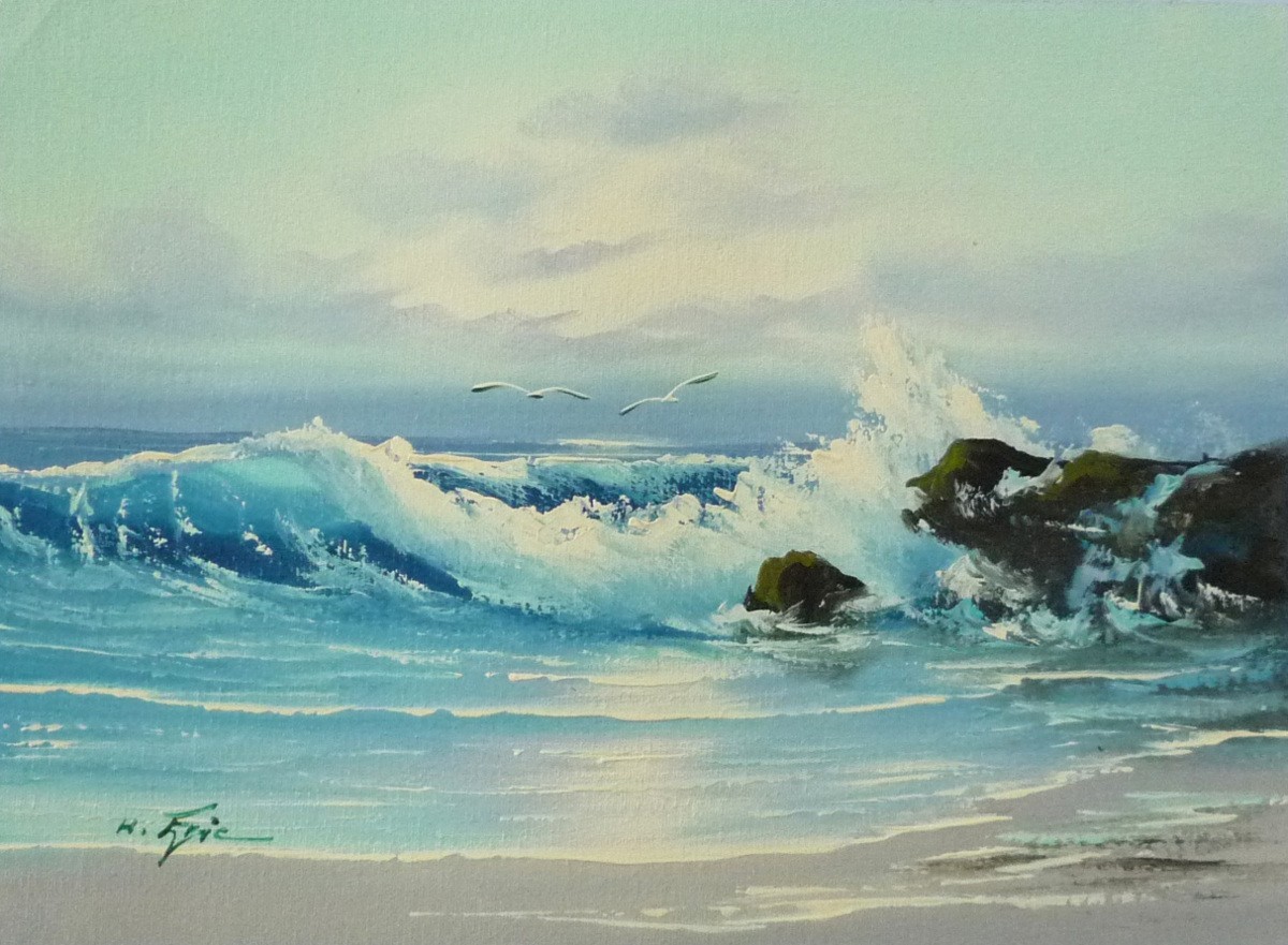 油彩画 洋画 肉筆油絵 F4号 ｢波 海 海景画｣-36- 特価, 絵画, 油彩, 自然, 風景画