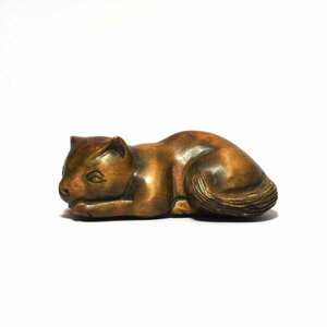  netsuke Самшит мелколистный кошка желтый . деликатный скульптура из дерева кошка [a50-14]