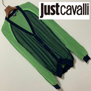 良品■JUST CAVALLI■ハニカムバイカラーニットカーディガンネオンカラー L 蛍光グリーン ネイビー 切替 ジャストカヴァリ ラグラン