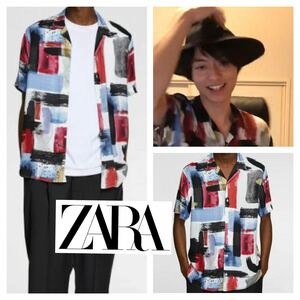 良品■ZARA ザラ■作間龍斗君着用 水彩モザイク オープンカラー アロハシャツ M ホワイト ブラック ブルー ワイン 半袖 総柄