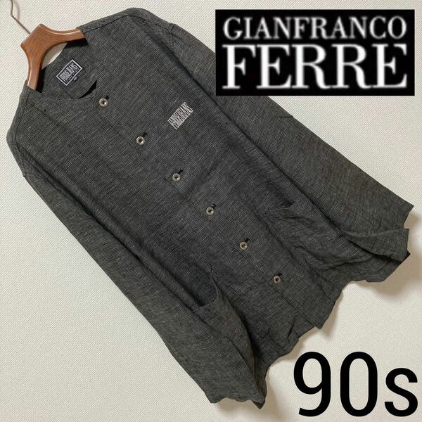 90s Vintage■ジャンフランコ フェレ ジーンズ■ノーカラージャケット リネン混 100 L グレー FERRE JEANS Gianfranco FERRE カバーオール