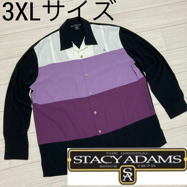 良品■STACY ADAMS ステイシーアダムス■オープンカラー パネル シャツ 3XL ブラック パープル ホワイト ポリシャツ 長袖 ビッグサイズ