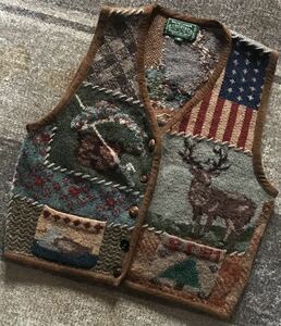  illusion. excellent article unusual next origin. design 90's vintage 91 year made * RALPH LAUREN COUNTRY * patchwork animal neitib pattern star article flag knitted the best M