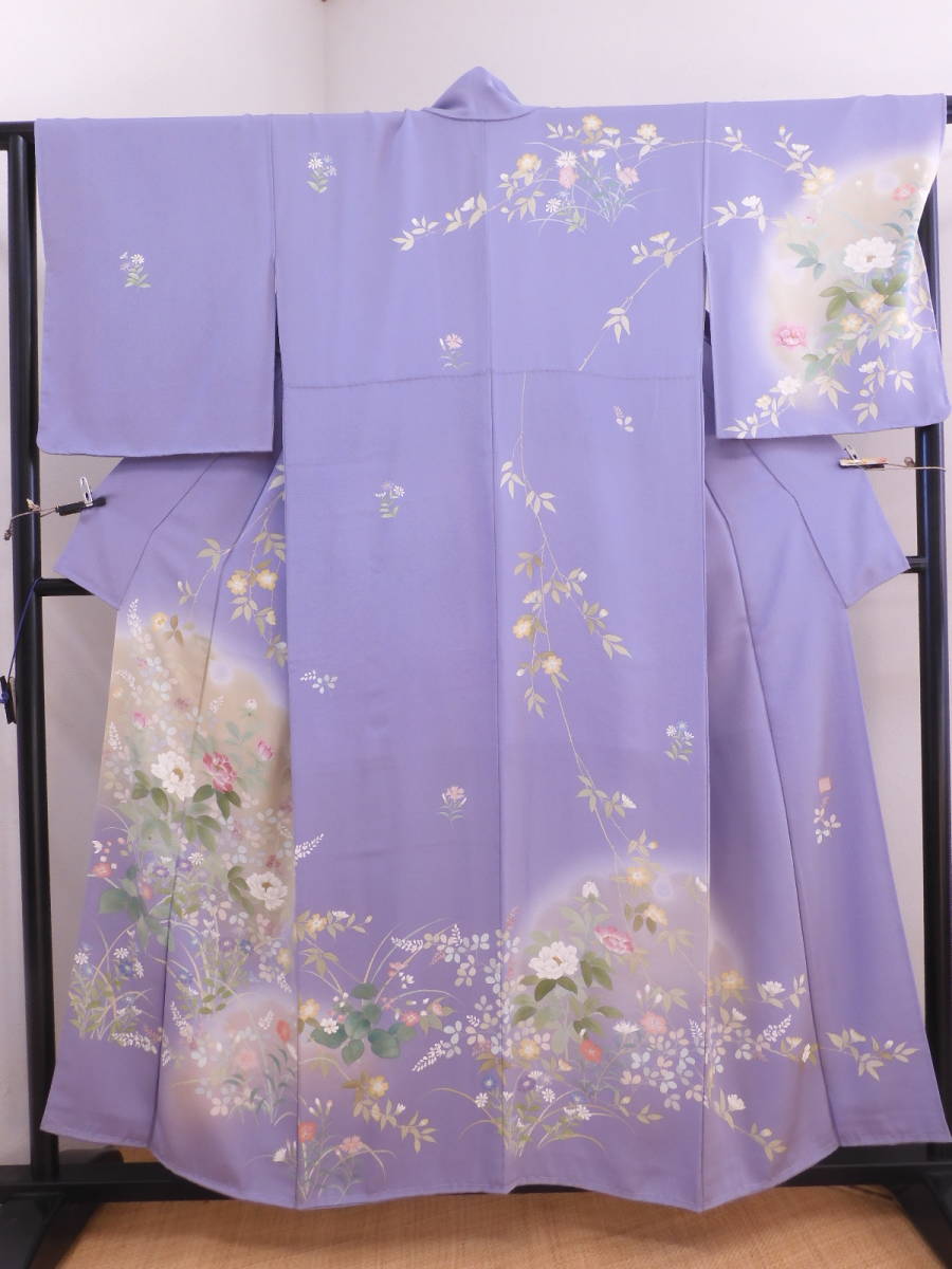 Hacha de plata Seda pura, uniforme de visita del artista pintado a mano con hilván, malva pálido, anillos de nieve y flores de primavera, hermoso teñido de sombreado, tela de ocho piezas, sin cresta, mangas sueltas, kimono de mujer, kimono, vestido de visita, A medida