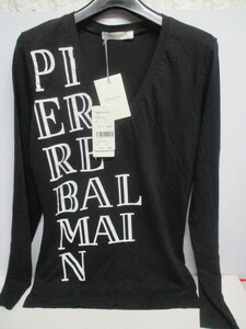 C714/新品 PIERRE BALMAIN ピエールバルマン サイズ38(M) 綿 コットン Vネック プリントTシャツ 黒 匿名発送 定価32000円