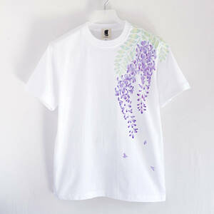 Art hand Auction 男士 T 恤, 加大码, 紫藤花图案T恤, 白色的, 手工制作的, 手绘T恤, 花卉图案, XL尺寸及以上, 圆领, 图案