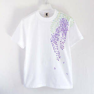 Art hand Auction T-shirt pour hommes, Taille XXL, T-shirt motif fleurs de glycine, Blanc, Fait main, T-shirt peint à la main, Motif floral, Taille XL et plus, Col rond, À motifs