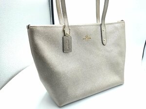 美品 COACH/コーチ ショルダー トートバッグ メタリック ゴールド系カラー