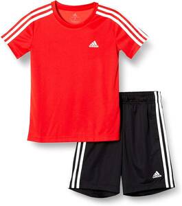 【KCM】Z-adi-102-2s-150★展示品★【adidas】ジュニア　半袖Tシャツ ハーフパンツ 上下セット　29256-GN1493　レッド/ブラック　150