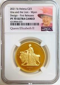 2021年 セントヘレナ ウナとライオン 5ポンド 1オンス プルーフ 金貨 NGC PF70 UC First Releases 女王ラベル マスターピース イギリス