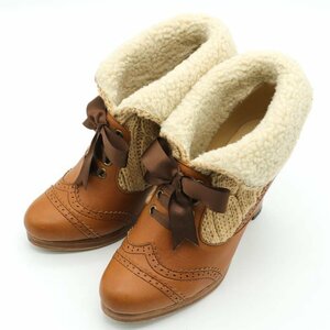  ласты ботиночки короткие сапоги боа лента гонки выше высокий каблук обувь обувь женский 22.5cm размер Brown fin
