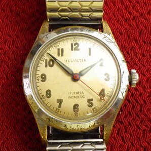 貴重★1960's HELVETIA スイス製17石 ミリタリー アンティーク手巻き腕時計 伸縮バンド付きの画像1