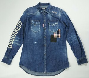 新品 DSQUARED2 デニムシャツ 長袖 ダメージ加工 ウォッシュ ロゴ