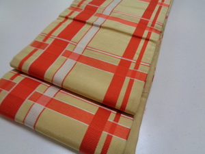 A407-60 小袋帯 博多織 正絹 翁格子文 長さ約3メートル