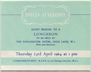 ●John Lennon 'Foyles Luncheon' ticket。レプリカチケットです。 昔の、Beatlesシネクラブの入会特典品。