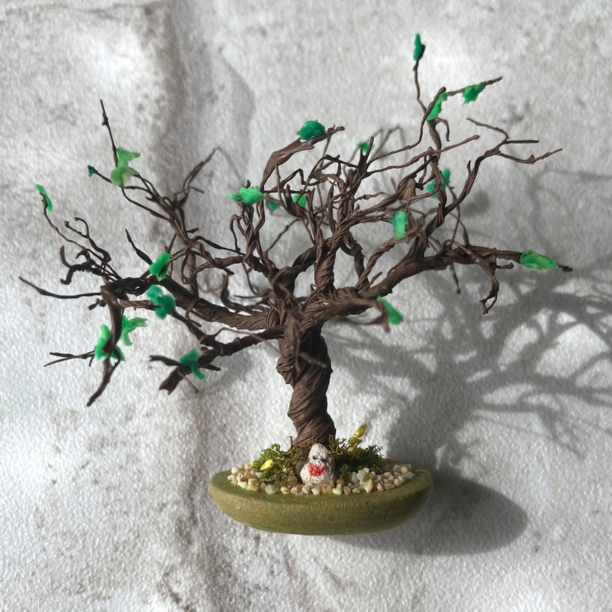 Handmade miniature bonsai with budding greenery and Jizo statue, handmade works, interior, miscellaneous goods, ornament, object