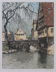 絵画,銅版画,エッチング,ヨーロッパ風景,ビンテージ ヨゼフ・アイデンバーガー 河のある風景　１