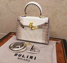 最高峰32万◆イタリア・ミラノ発*BOLINI・最上級牛革・クロコダイル※ケリー25型・ヒマラヤ・ハンドバッグ・馬 チャーム＆ツイリー付き_画像3