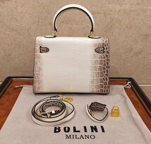 最高峰32万◆イタリア・ミラノ発*BOLINI・最上級牛革・クロコダイル※ケリー25型・ヒマラヤ・ハンドバッグ・馬 チャーム＆ツイリー付き_画像9