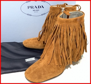 即決 PRADA プラダ 34.5≒21.5cm サイドジップブーツ スエード 箱・保存袋 茶 ブラウン レディース F