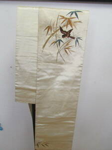 o... старый ткань . nagoya obi птица . бамбук рисунок античный (a533)