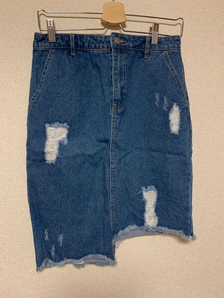 デニム スカート ダメージ カットオフ 膝丈 ブルー forever21 M デニムスカート