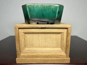 盆栽鉢、初代平安東福寺、緑釉、時代あり、箱付き、長方鉢