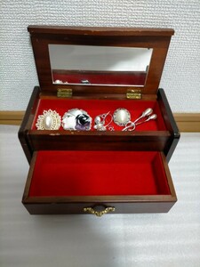  Showa Retro wooden gem box that time thing brooch attaching * drawer mirror attaching * metal fittings made of metal * vanity case accessory * case * storage * peace furniture * made in Japan 