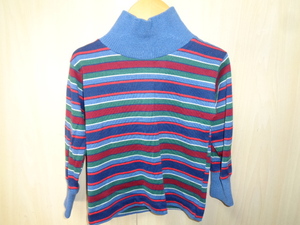 b146◆70s USA製 Health-tex キッズ マルチボーダー タートルネック長袖Tシャツ◆ヘルステックス size3T 子供服 水色系 ゆうパケット発送5C