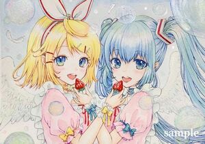 손으로 그린 작품 삽화 Doujin Kagamine Rin Hatsune Miku Girl 딸기 비누 방울 원본 그림, 만화, 애니메이션 상품, 손으로 그린 그림