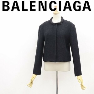 美品 ヴィンテージ◆La Mode BALENCIAGA バレンシアガ モヘヤ混 ミンクファー使い ノーカラー ジャケット 黒 ブラック 38