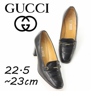 ヴィンテージ◆GUCCI オールドグッチ レザー ローファー ヒール パンプス 黒 ブラック 35 1/2