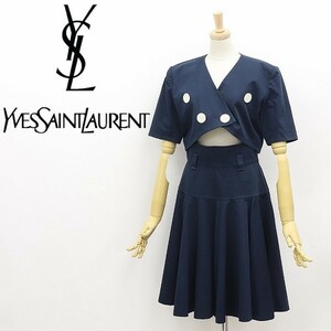 ヴィンテージ◆Yves Saint Laurent イヴサンローラン コットン ノーカラー ショート丈 ジャケット＆フレア スカート ネイビー M/L