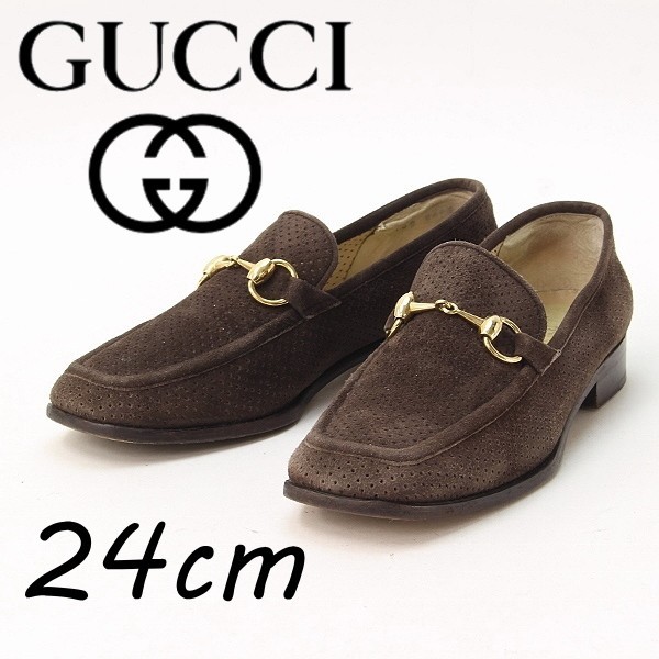 ◆GUCCI グッチ スエード パンチング ホースビット スクエアトゥ ローファー シューズ ダークブラウン 7