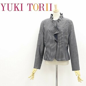 ◆YUKI TORII ユキトリイ シルク混 フリルカラー ジャケット ダークネイビー×ホワイト 40