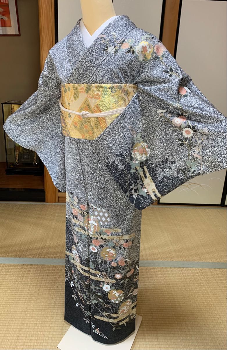 汕頭 蘇州刺繍 総刺繍 金糸 訪問着 正絹 花柄 熨斗 山藍摺 青緑 1086