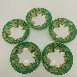 42　中古　YUKI　TORII　フルーツ皿 5枚セット　プレート 花柄 ガラス製　グリーン　クリア　直径15ｃｍ　ユキトリイ　リボン柄
