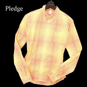 Pledge Pledge через год длинный рукав кнопка down проверка * рубашка Sz.48 мужской сделано в Японии желтый C3T01650_3#A