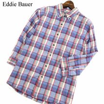 Eddie Bauer エディーバウアー 春夏 ７分袖 【麻★リネン混】 ボタンダウン チェック★ シャツ Sz.M　メンズ アウトドア　C3T02099_3#A_画像1