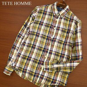 TETE HOMME テットオム 春夏 長袖 【麻★リネン100％】 ボタンダウン チェック★ シャツ Sz.M　メンズ　C3T02634_3#A