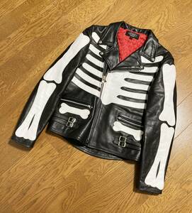 [HORN WORKS]bo-n. Double Rider's Biker leather jacket L original leather black white horn Works 