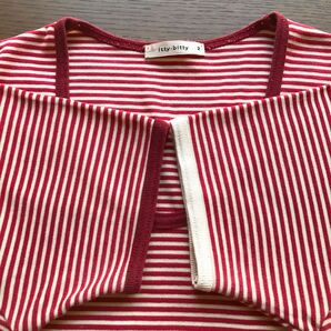 itty bitty リンガーTシャツ 赤白トラッドボーダー半袖Tシャツ アシンメトリースリーブ バイカラー 細身 横ストレッチ