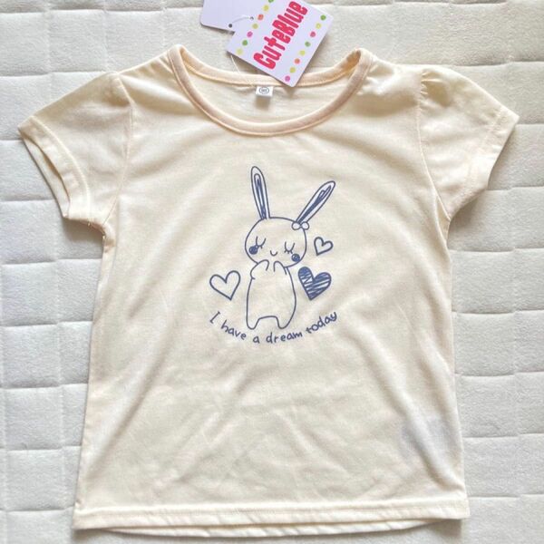 ベビー　キッズ　 半袖Tシャツ　トップス　パフスリーブ　アイボリー　白　うさぎ　95