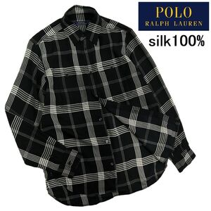 【B2189】【新品同様】【シルク100％】POLO RALPH LAUREN ポロラルフローレン 長袖シャツ オンブレシャツ チェック 絹 サイズS